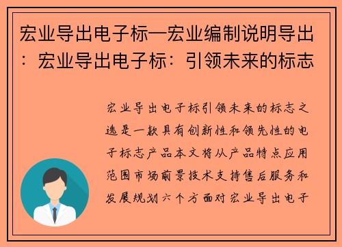 宏业导出电子标—宏业编制说明导出：宏业导出电子标：引领未来的标志之选